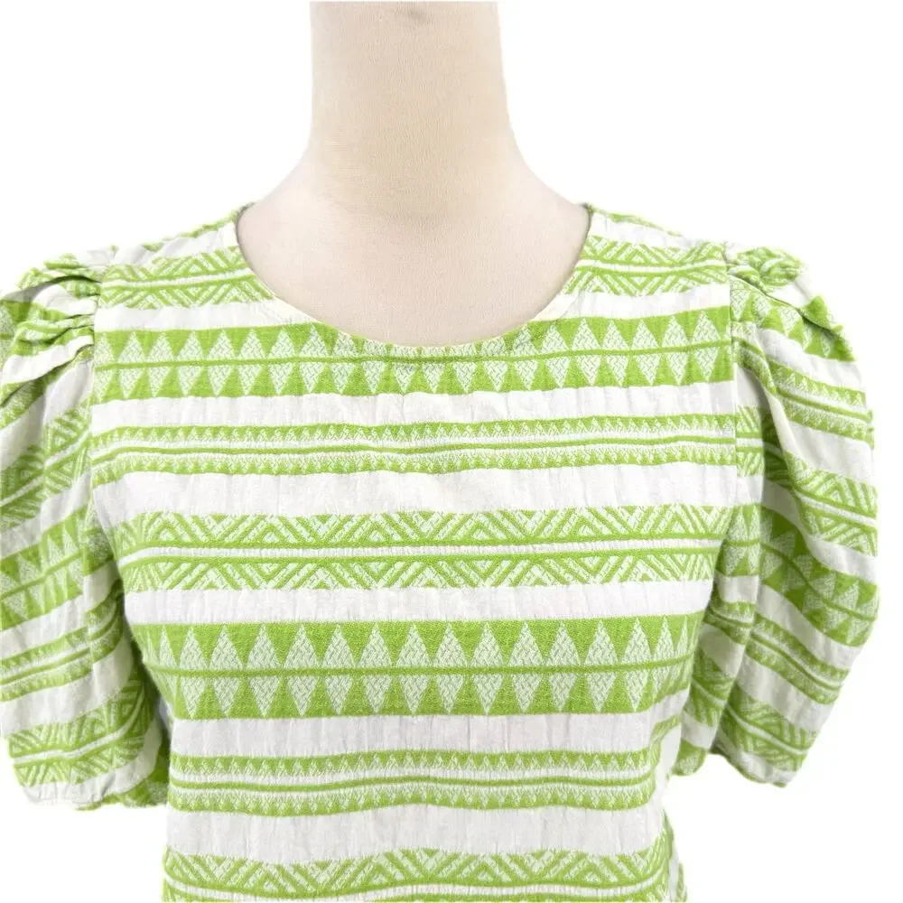 Anthropologie Amadi White Green Striped 100% Cotton Puff-Sleeve Casual Blouse